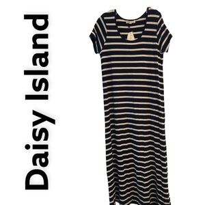 Daisy Island Navy Striped Short Sleeve Maxi Dress UPF 50 L NWT
